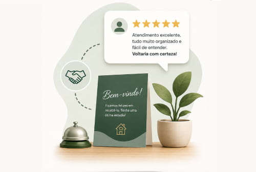Cartaz de boas-vindas com avaliação 5 estrelas do hóspede