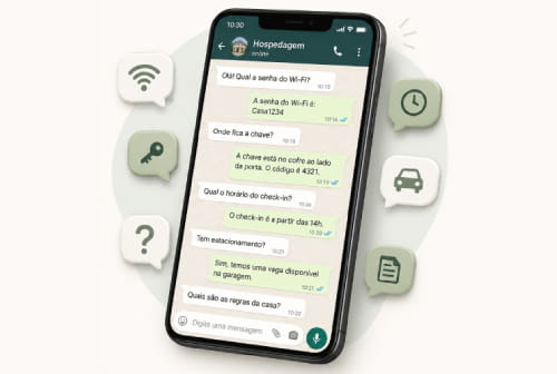 Celular mostrando conversas repetidas de hóspedes no WhatsApp