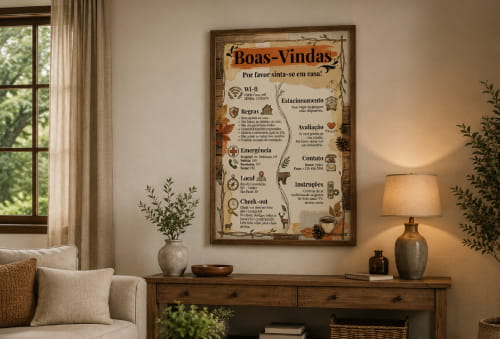 Cartaz de boas-vindas emoldurado na parede