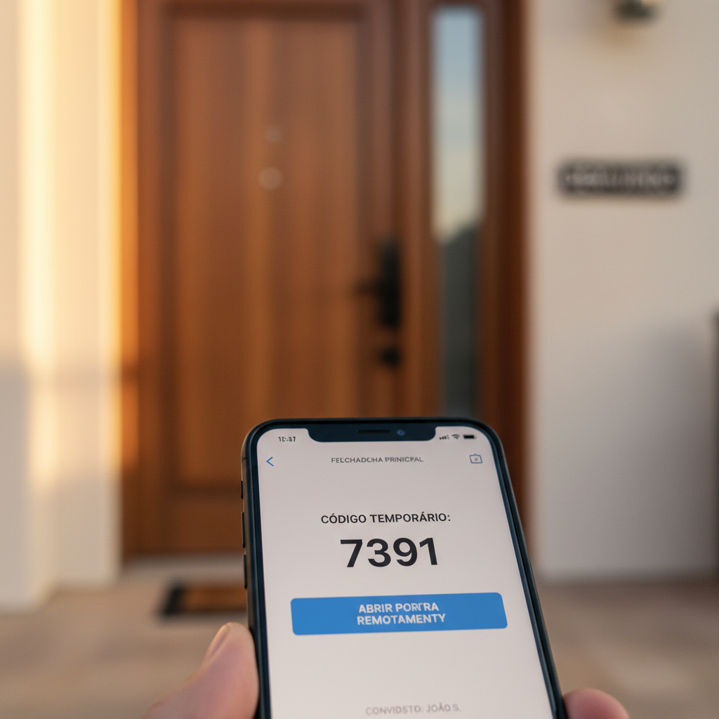 Aplicativo de celular mostrando código de acesso para fechadura inteligente.