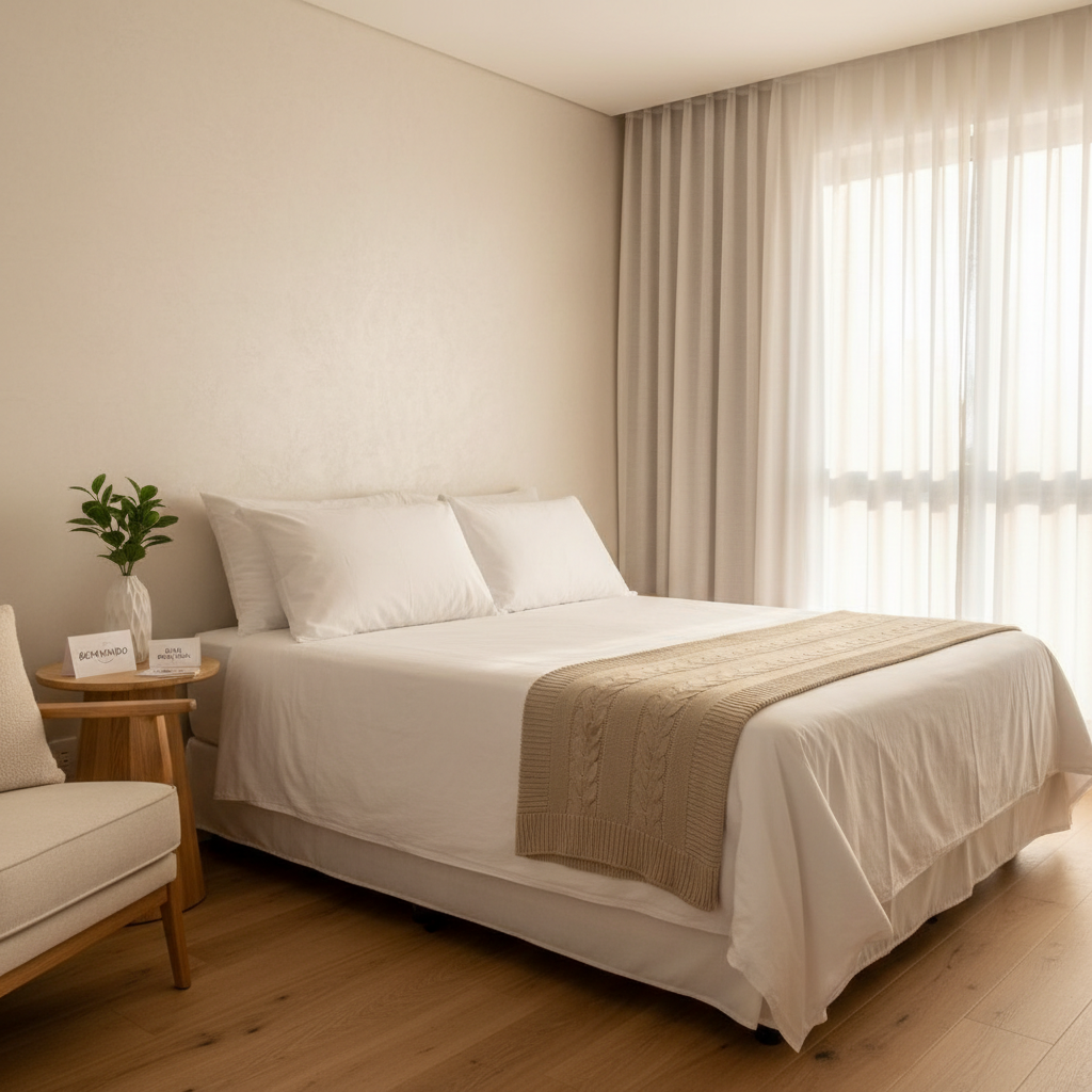 Quarto de aluguel por temporada limpo e arrumado, com cama de casal e luz natural.