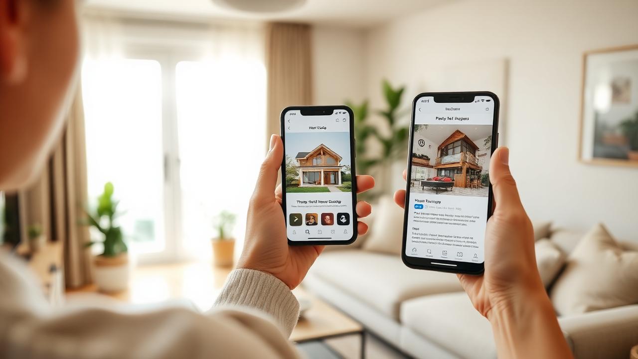 Hóspede consultando o guia digital da hospedagem pelo celular na sala de estar
