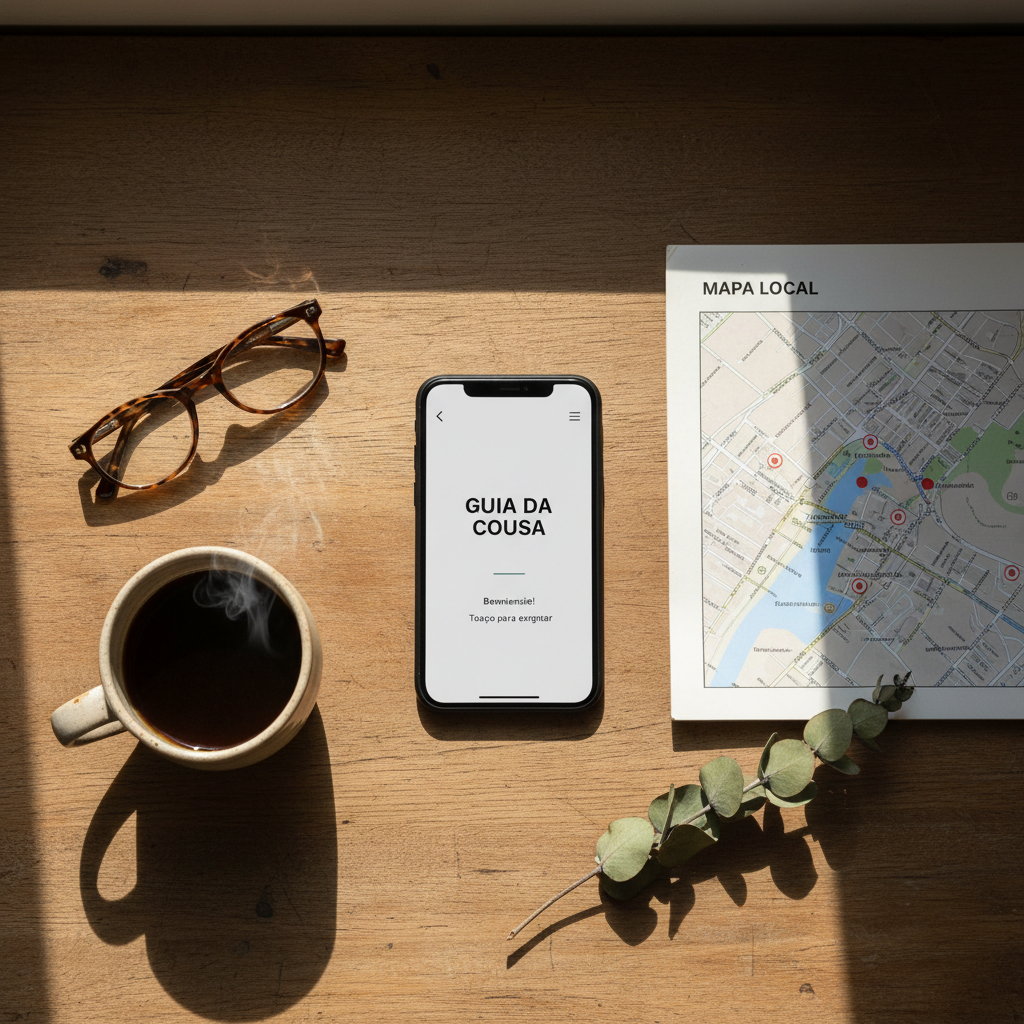 Smartphone com guia de boas-vindas digital e itens de café da manhã, mostrando planejamento de atividades.