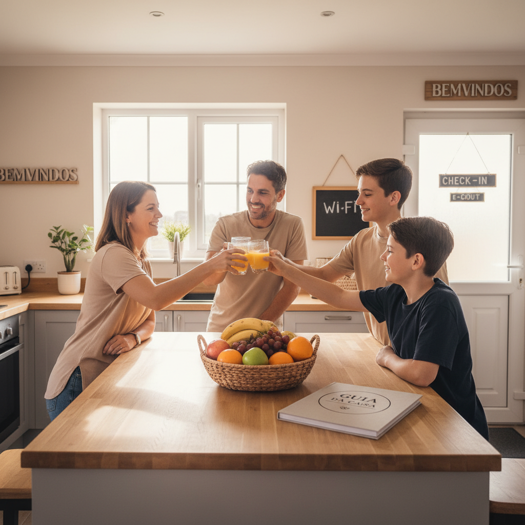 Família feliz celebrando em uma cozinha de aluguel de temporada, com um guia de boas-vindas sobre a mesa.