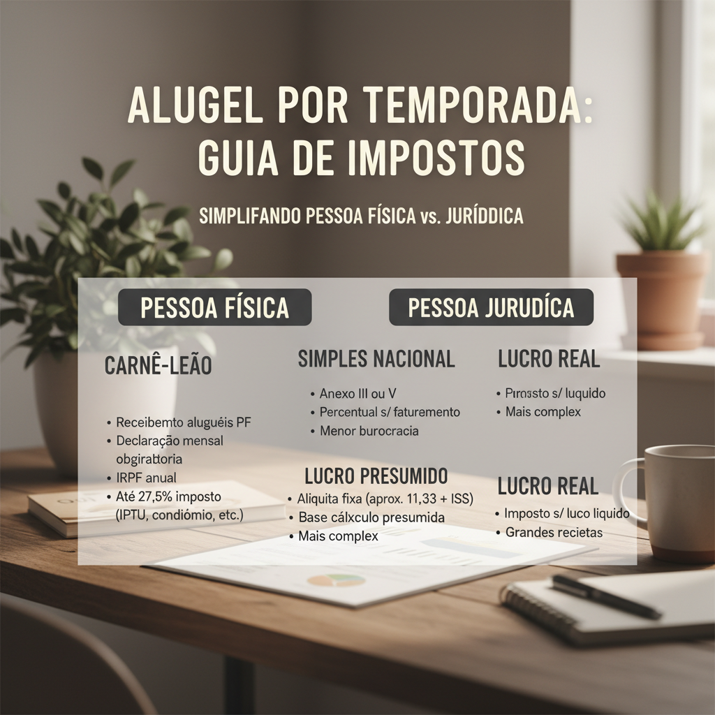 Infográfico comparando regimes tributários para aluguel por temporada, destacando Pessoa Física e Jurídica.