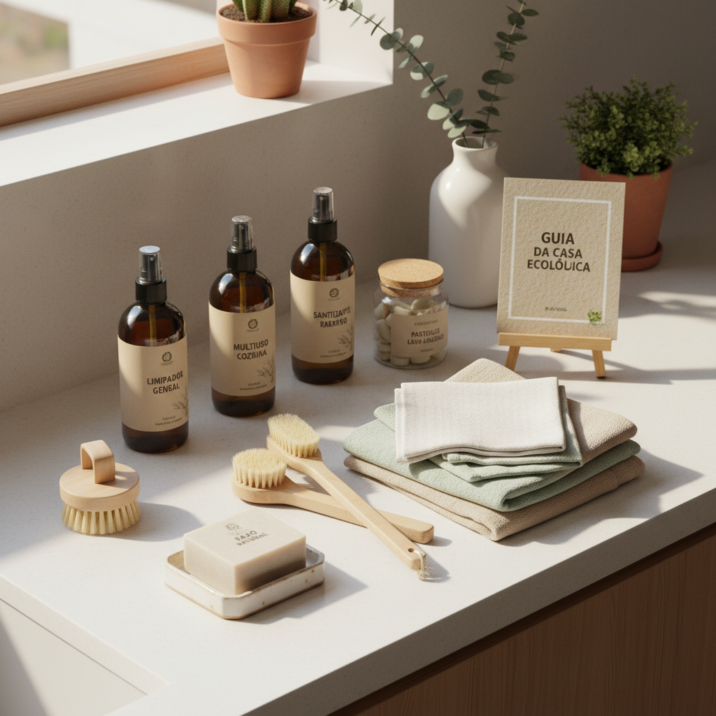 Bancada de cozinha organizada com produtos de limpeza.