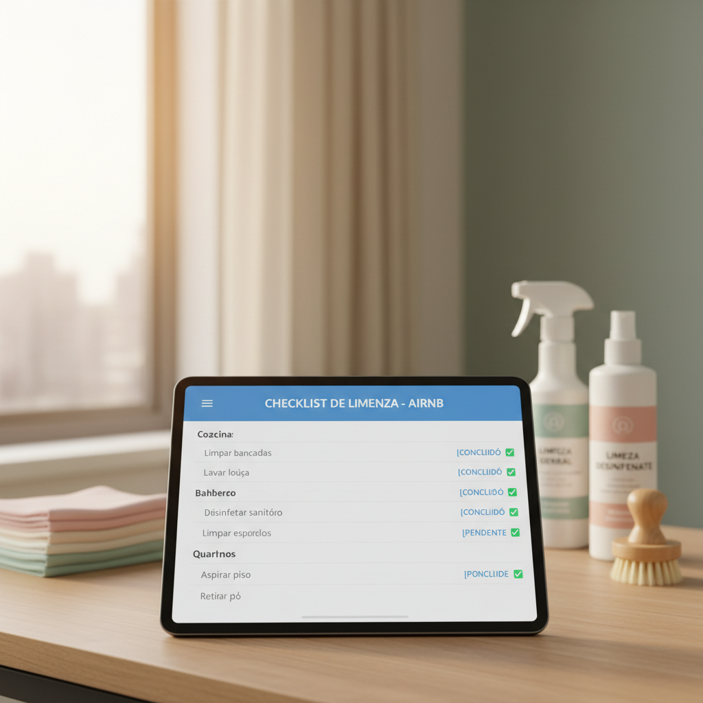 Tablet com checklist de limpeza digital.