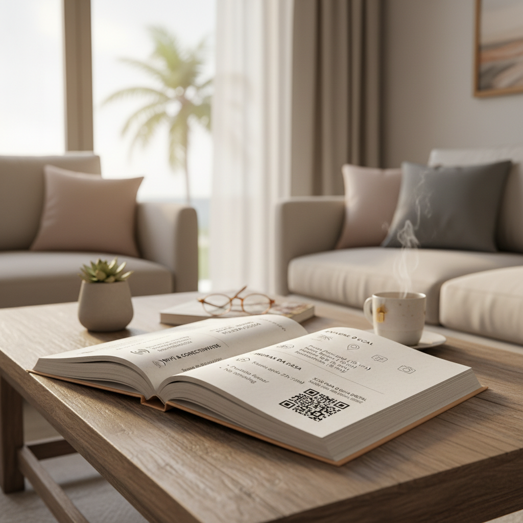 Guia da casa físico multilíngue com QR codes e ícones sobre uma mesa de centro.