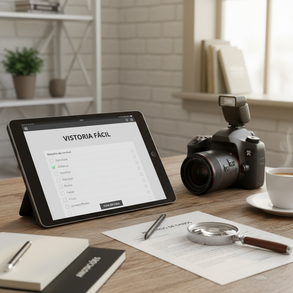 Tablet com checklist de vistoria, câmera e lupa, simbolizando a documentação e inspeção de imóveis para evitar danos.