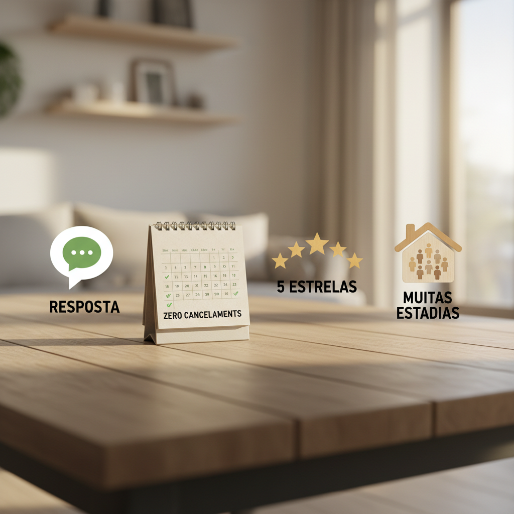 Infográfico dos 4 requisitos Superhost do Airbnb: resposta rápida, cancelamento baixo, avaliações altas e estadias completas.