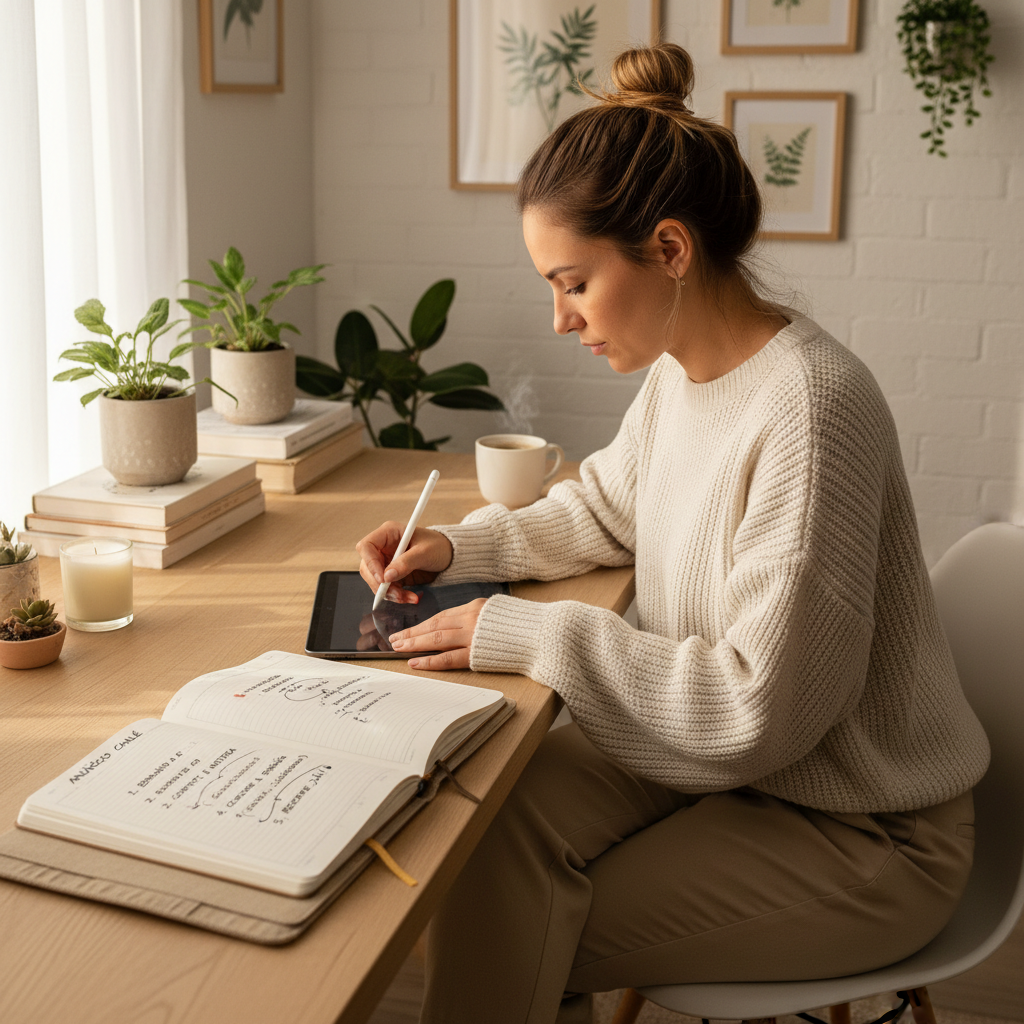 Mãos de pessoa organizando ideias para uma descrição de anúncio em tablet ou caderno