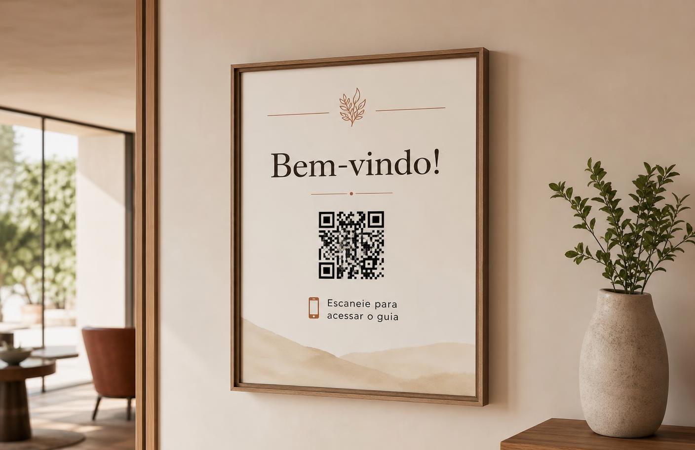 Cartaz de boas-vindas emoldurado na parede com QR code para acessar o guia da hospedagem