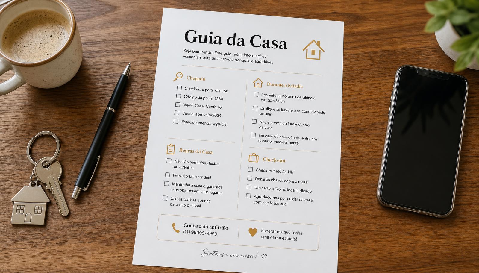 Checklist impresso do guia da casa em português sobre mesa de madeira com chaves, caneta e celular