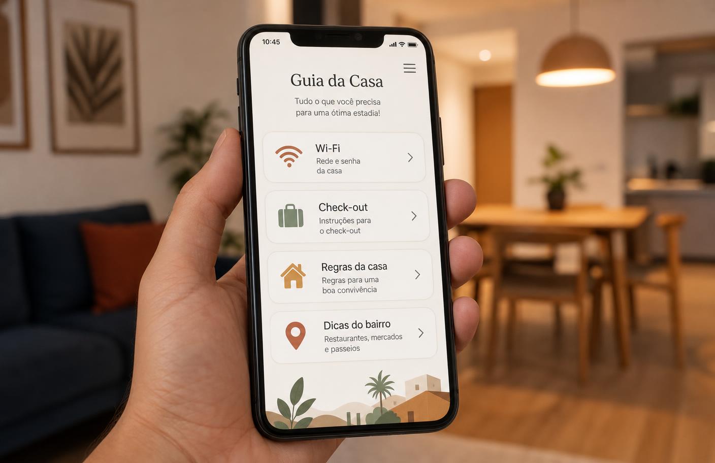 Guia digital da casa aberto no celular do hóspede, com atalhos para Wi-Fi, check-out, regras da casa e dicas do bairro